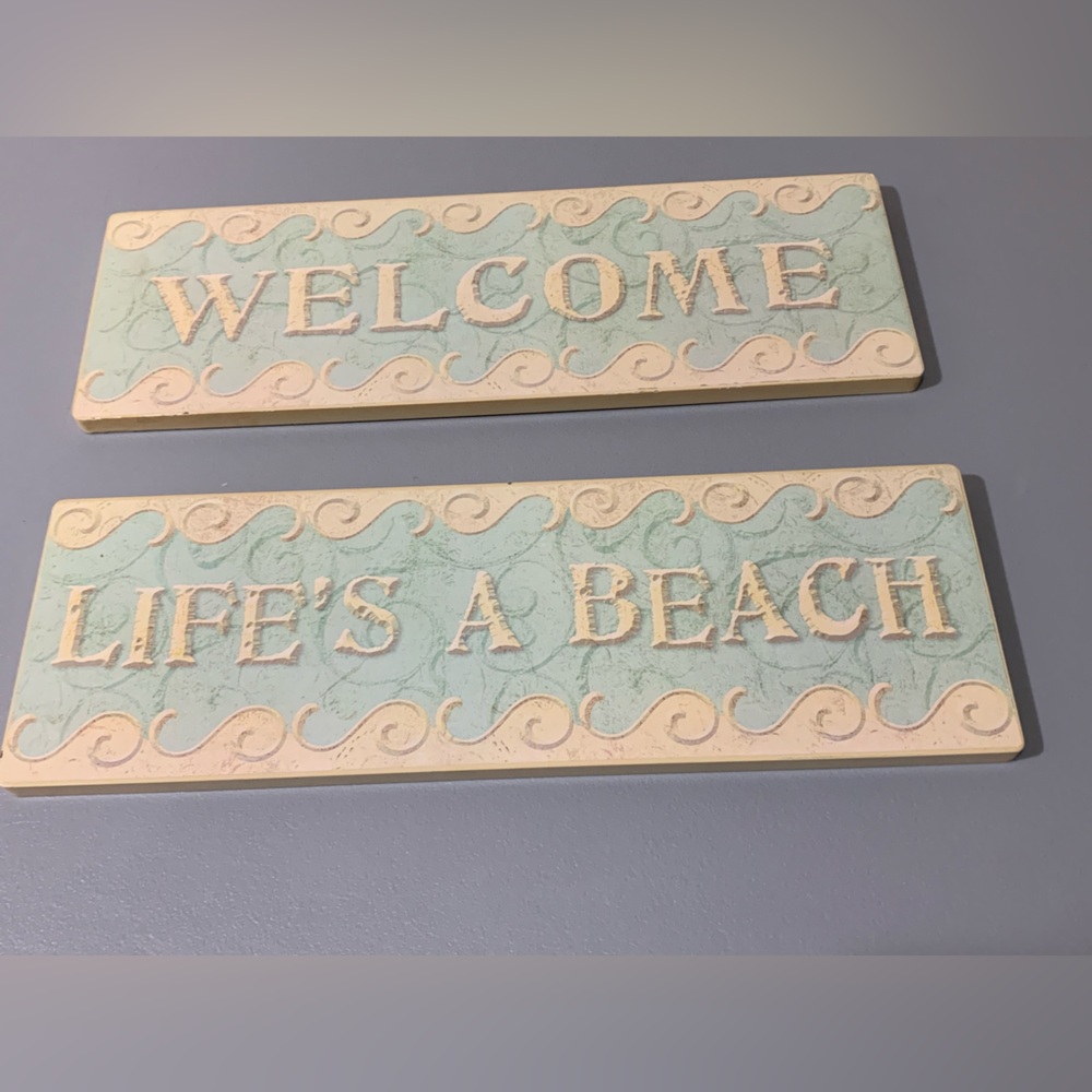 Coastal Wall Sign Duo in Blue and Cream - Beach Welcome Set